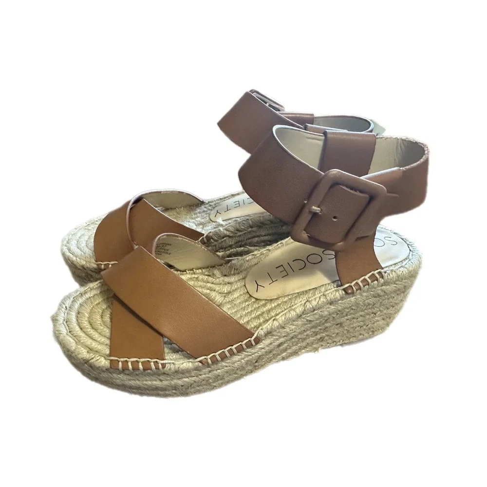 Sole Society Espadrille Platform Wedge Sandals‎ Leather Buckle Ankle Strap 6.5
